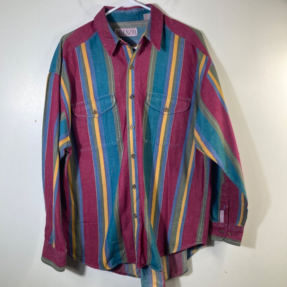 Mens Vintage‎ 90s Silenzio Striped Cotton Shirt Button L Red Green Blue